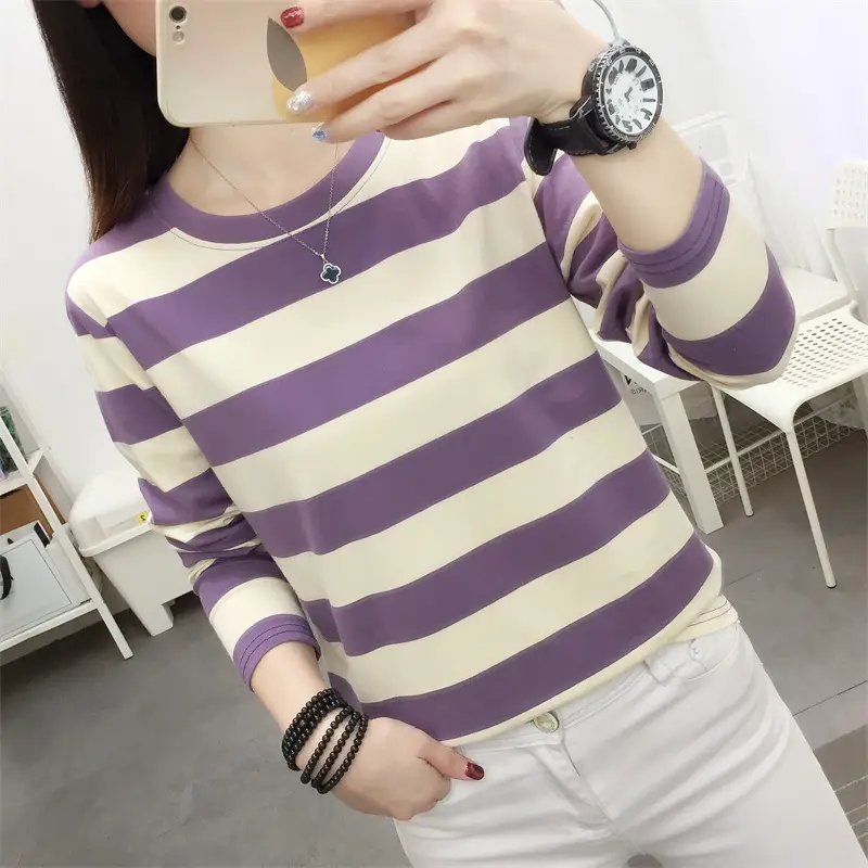 Women Striped Long Sleeve T-Shirt Plus Size Brown Beige - Image 11
