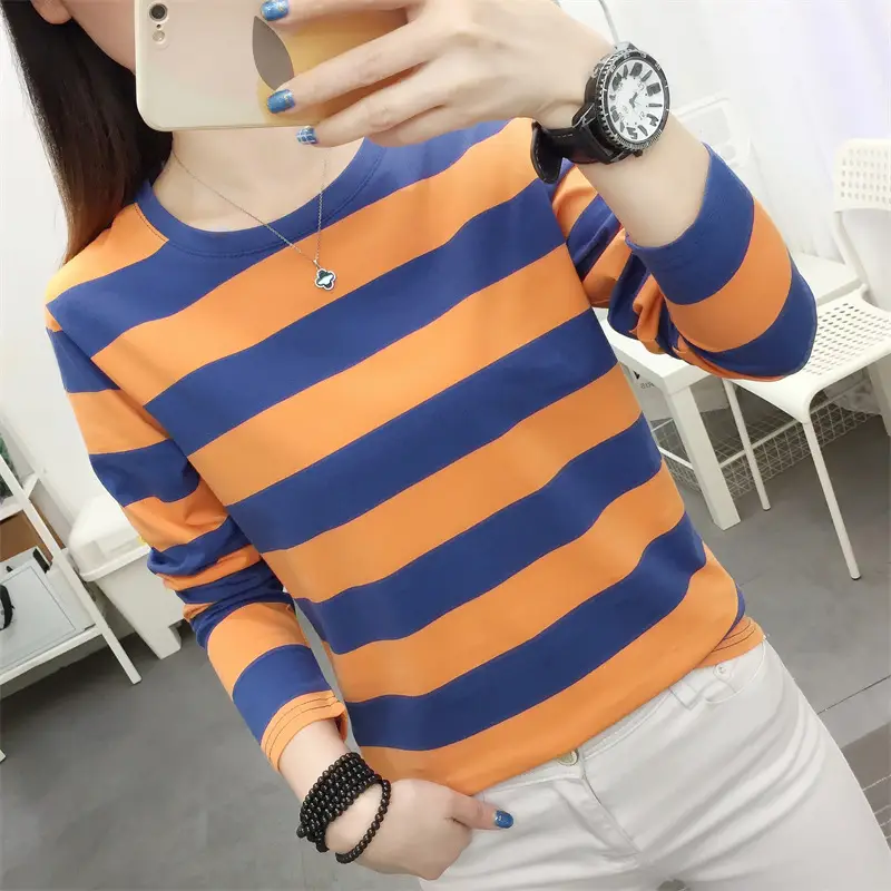 Women Striped Long Sleeve T-Shirt Plus Size Brown Beige - Image 12