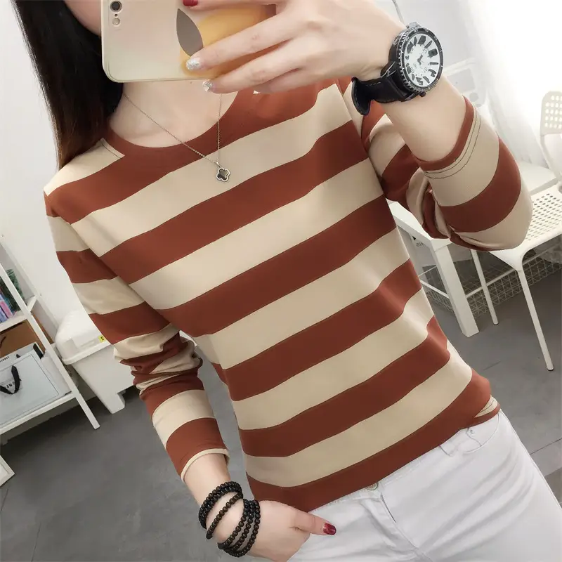 Women Striped Long Sleeve T-Shirt Plus Size Brown Beige - Image 13