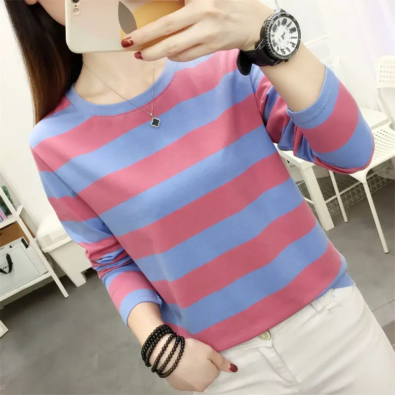 Women Striped Long Sleeve T-Shirt Plus Size Brown Beige - Image 14