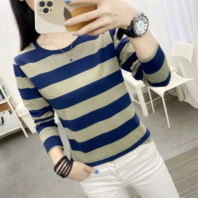 Women Striped Long Sleeve T-Shirt Plus Size Brown Beige - Image 15