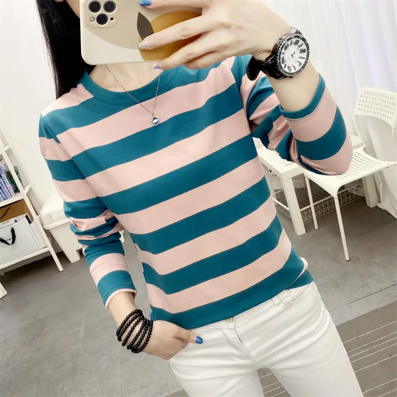 Women Striped Long Sleeve T-Shirt Plus Size Brown Beige - Image 16