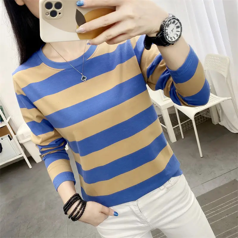 Women Striped Long Sleeve T-Shirt Plus Size Brown Beige - Image 18