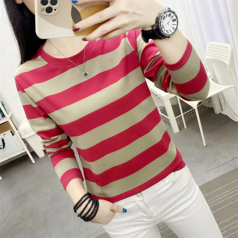 Women Striped Long Sleeve T-Shirt Plus Size Brown Beige - Image 19