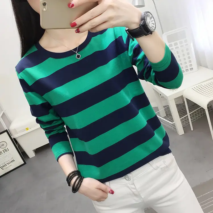 Women Striped Long Sleeve T-Shirt Plus Size Brown Beige - Image 2