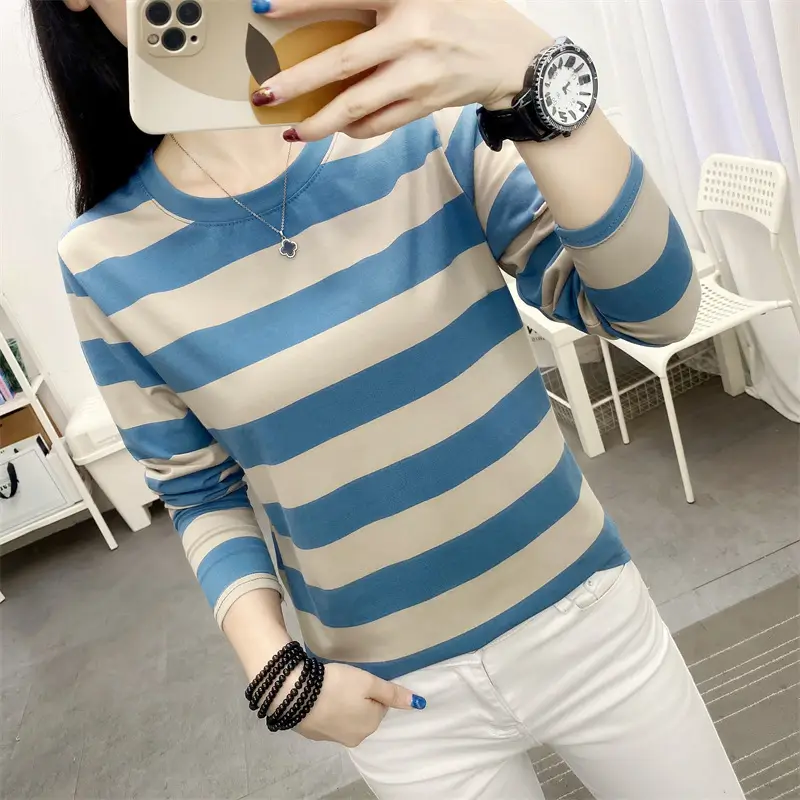 Women Striped Long Sleeve T-Shirt Plus Size Brown Beige - Image 20
