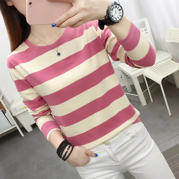 Women Striped Long Sleeve T-Shirt Plus Size Brown Beige - Image 22