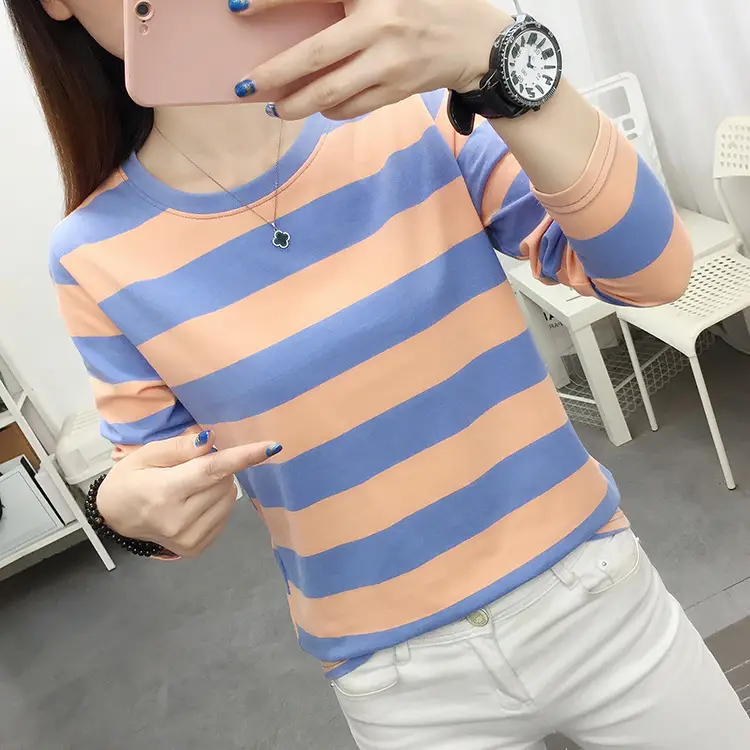 Women Striped Long Sleeve T-Shirt Plus Size Brown Beige - Image 23