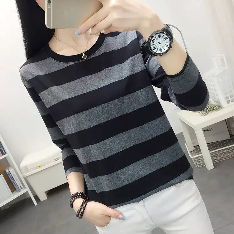 Women Striped Long Sleeve T-Shirt Plus Size Brown Beige - Image 3
