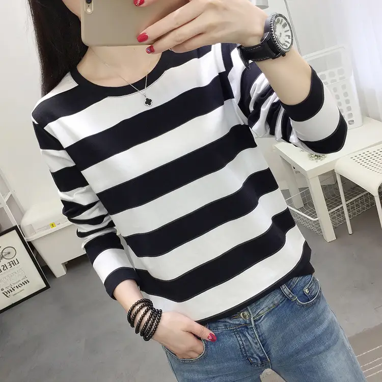 Women Striped Long Sleeve T-Shirt Plus Size Brown Beige - Image 4