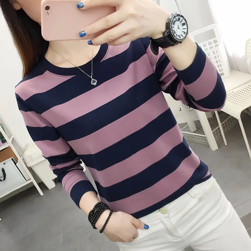 Women Striped Long Sleeve T-Shirt Plus Size Brown Beige - Image 5