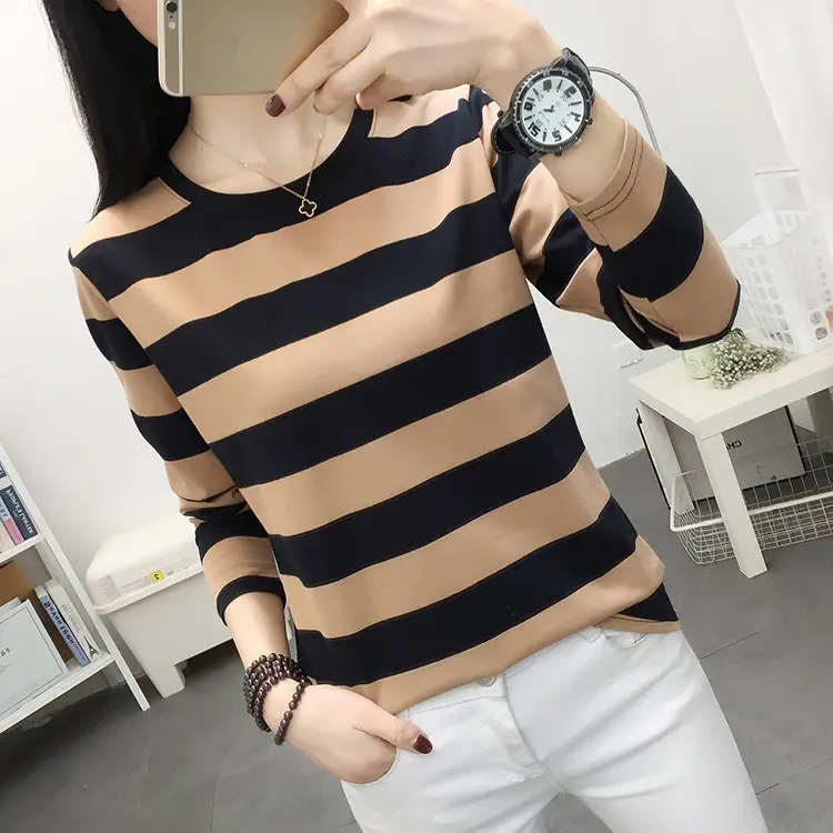 Women Striped Long Sleeve T-Shirt Plus Size Brown Beige - Image 6