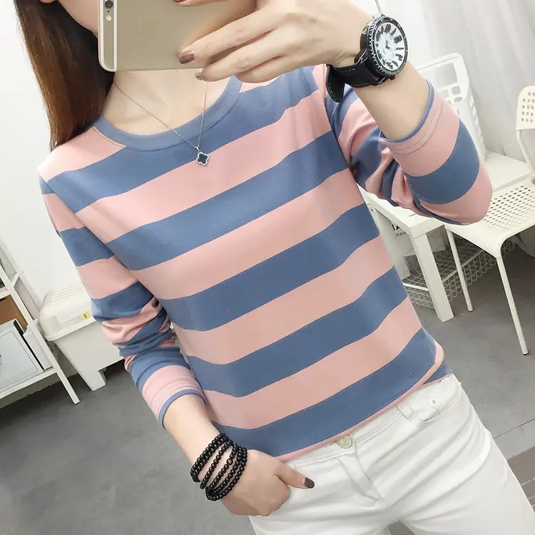 Women Striped Long Sleeve T-Shirt Plus Size Brown Beige - Image 8