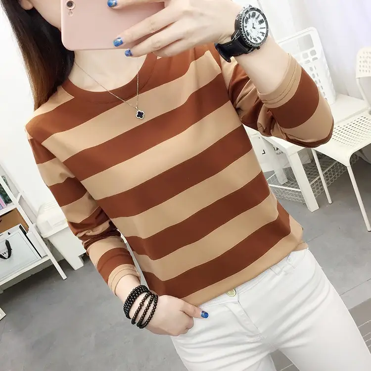 Women Striped Long Sleeve T-Shirt Plus Size Brown Beige - Image 9