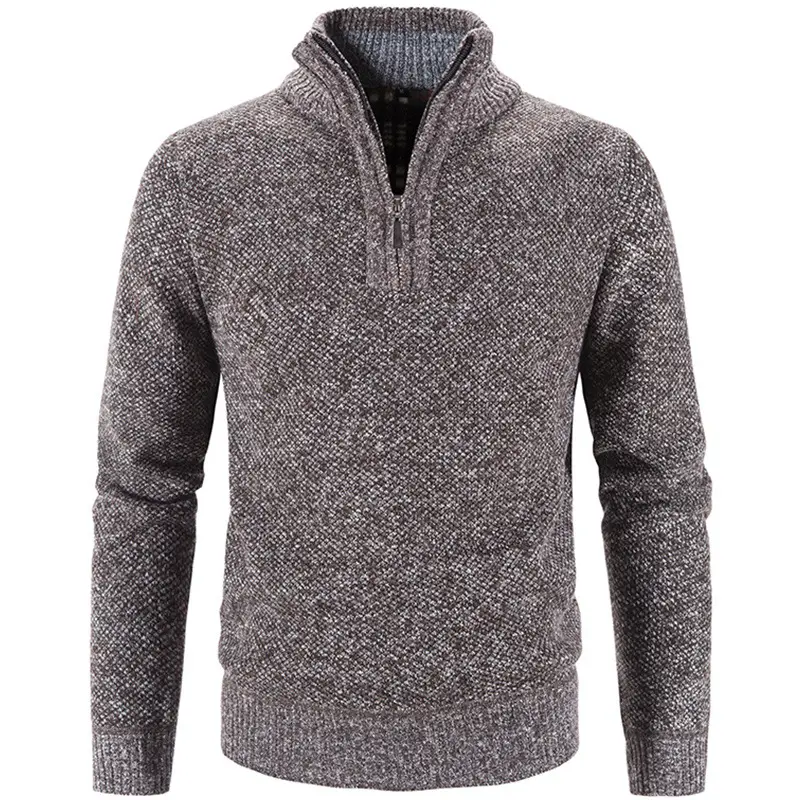 Men's Grey Fleece Lined Half-Zipper Turtleneck Sweater - Image 8