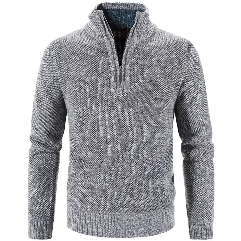 Men's Grey Fleece Lined Half-Zipper Turtleneck Sweater - Image 9