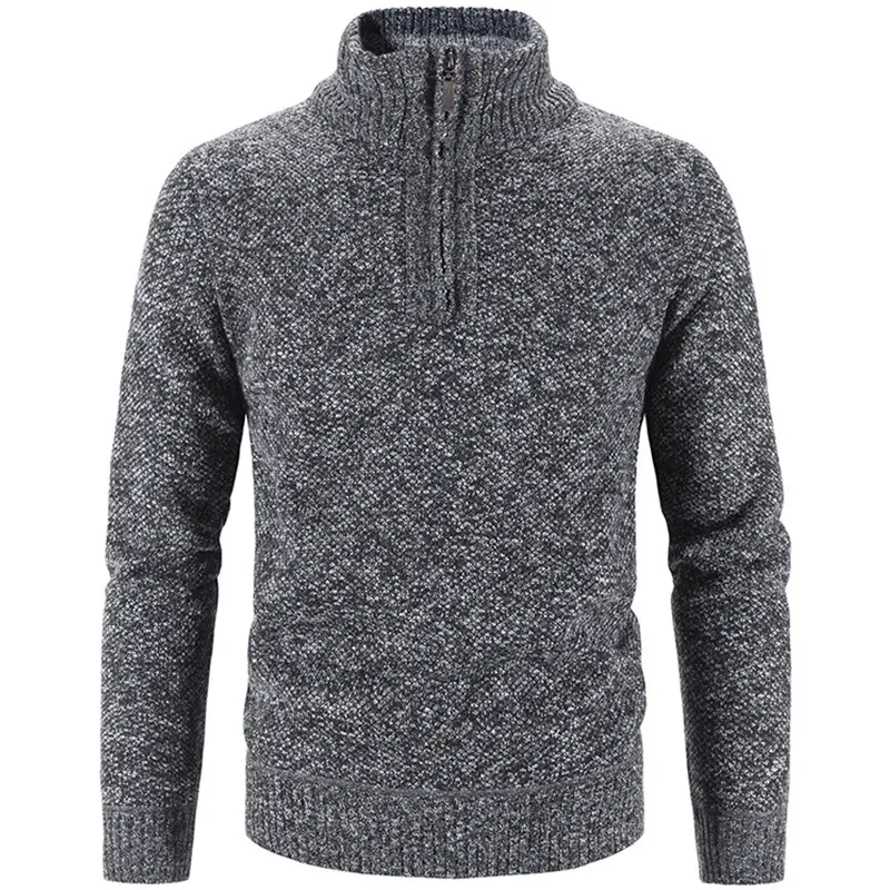 Men's Grey Fleece Lined Half-Zipper Turtleneck Sweater - Image 10