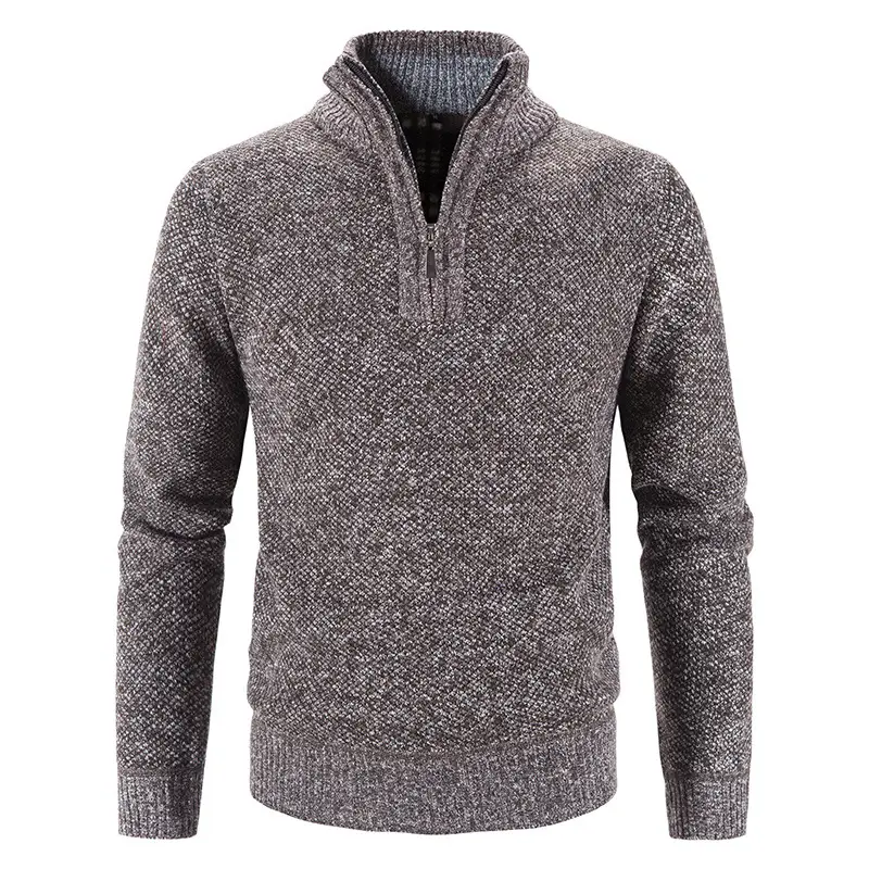 Men's Grey Fleece Lined Half-Zipper Turtleneck Sweater - Image 2
