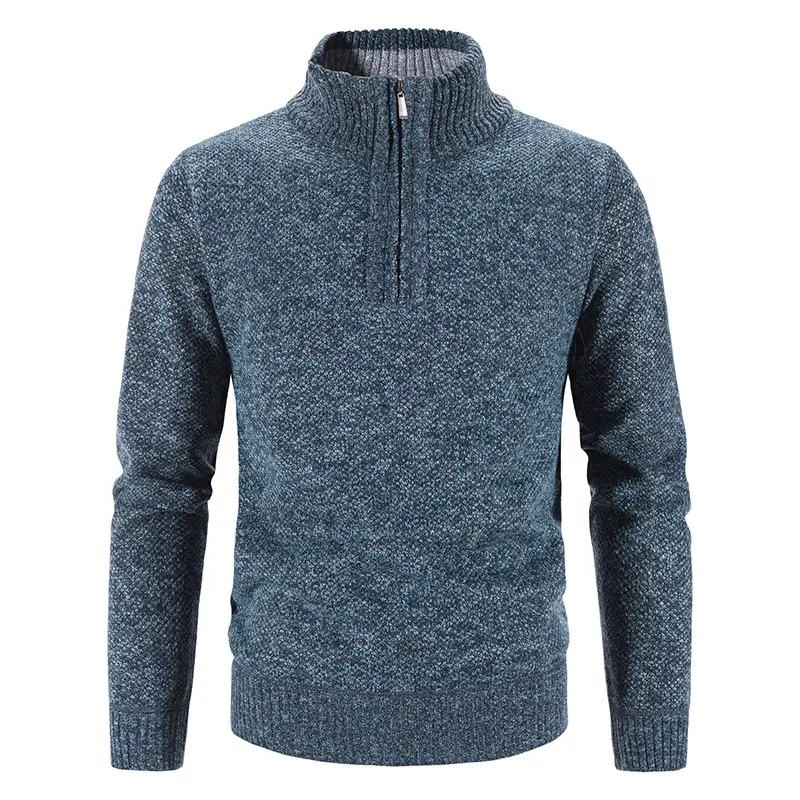 Men's Grey Fleece Lined Half-Zipper Turtleneck Sweater - Image 3