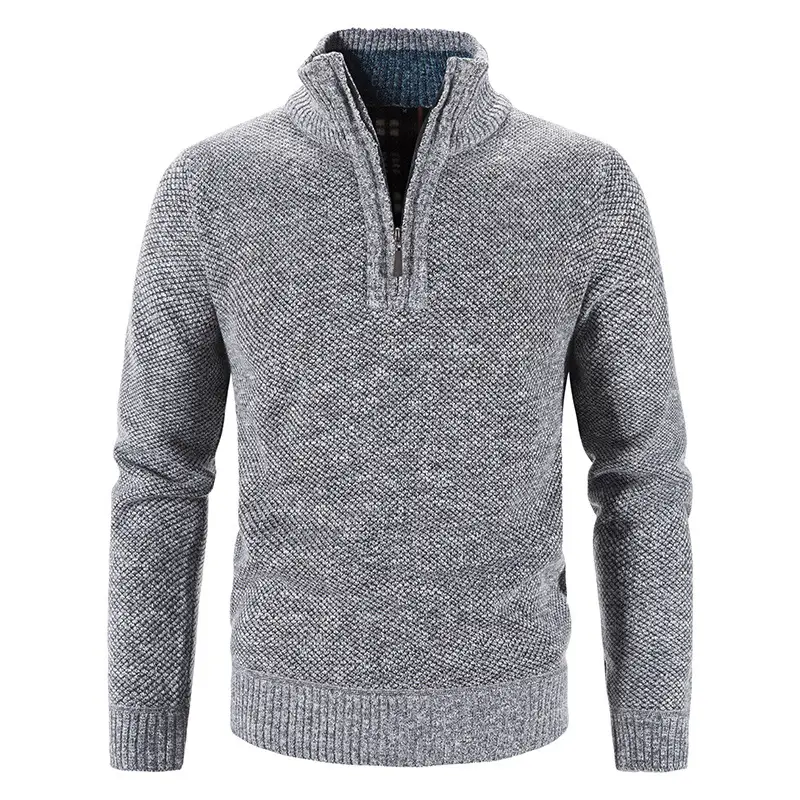 Men's Grey Fleece Lined Half-Zipper Turtleneck Sweater - Image 4