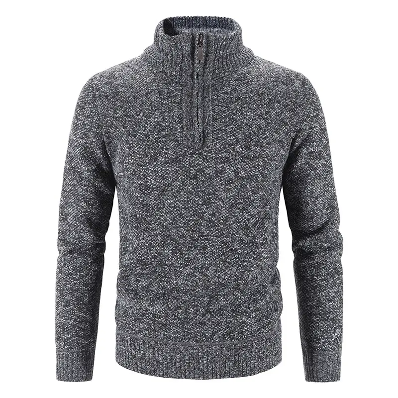 Men's Grey Fleece Lined Half-Zipper Turtleneck Sweater - Image 5