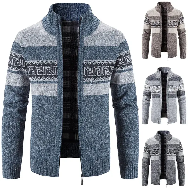 Men's Grey Grey Beige Knitted Hooded Cardigan Jacket - Image 10
