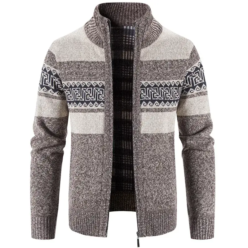 Men's Grey Grey Beige Knitted Hooded Cardigan Jacket - Image 6