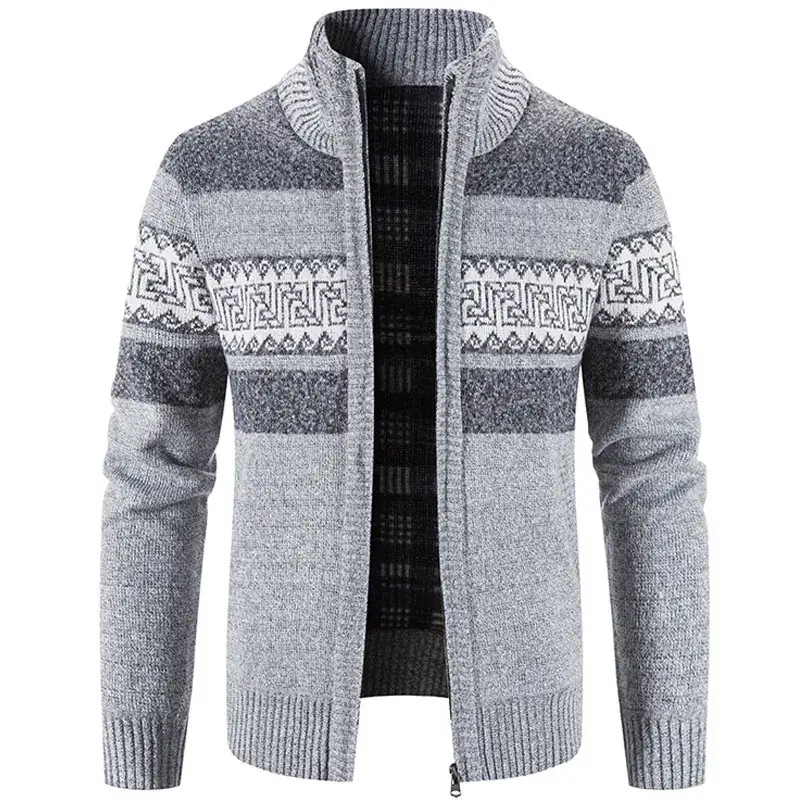 Men's Grey Grey Beige Knitted Hooded Cardigan Jacket - Image 8