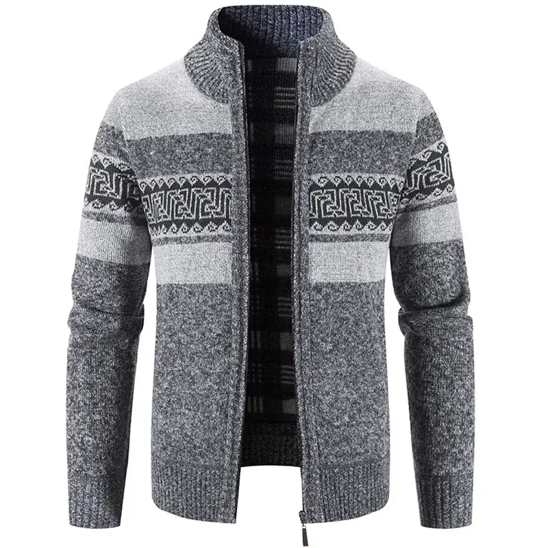 Men's Grey Grey Beige Knitted Hooded Cardigan Jacket - Image 4