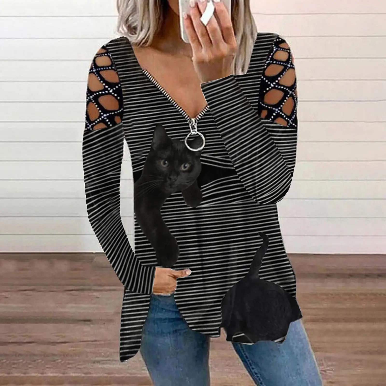 2021 Cat Embroidered V-Neck Long Sleeve Jacket for Women - Image 4