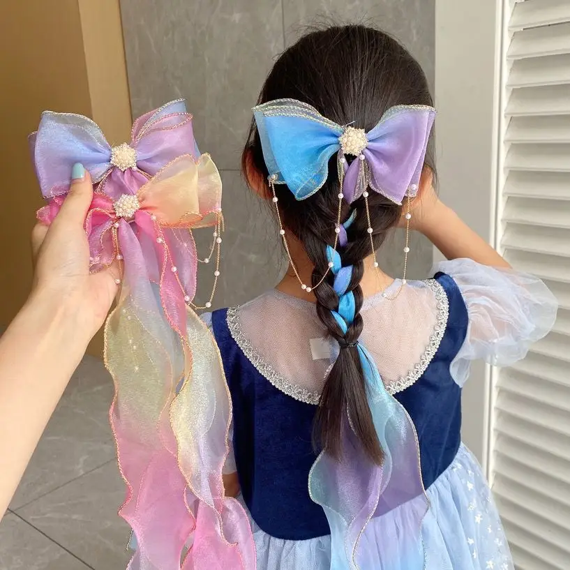 Girls' Pink Blue Pearl Bow Hairpin Korean Style