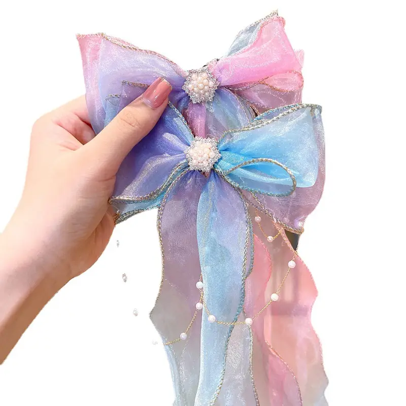 Girls' Pink Blue Pearl Bow Hairpin Korean Style