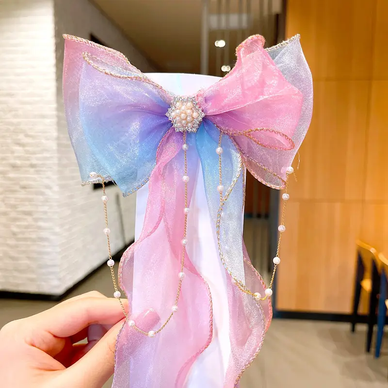 Girls' Pink Blue Pearl Bow Hairpin Korean Style