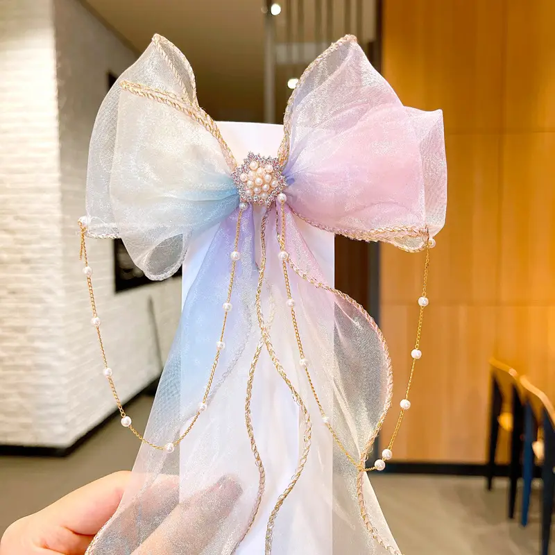 Girls' Pink Blue Pearl Bow Hairpin Korean Style