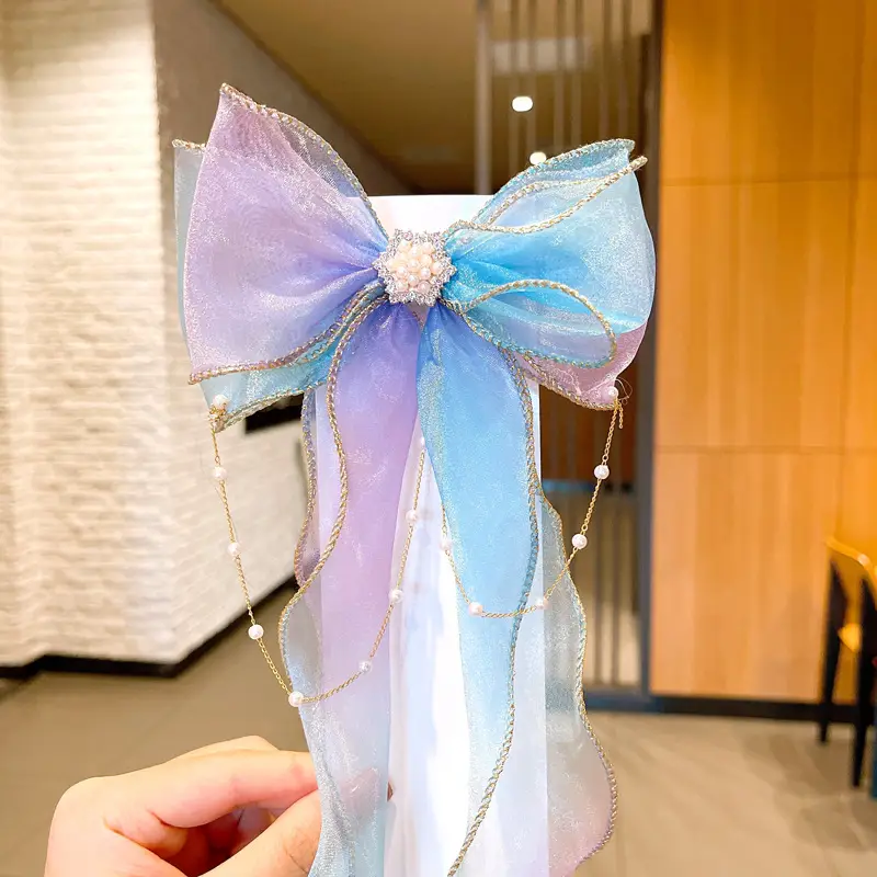 Girls' Pink Blue Pearl Bow Hairpin Korean Style