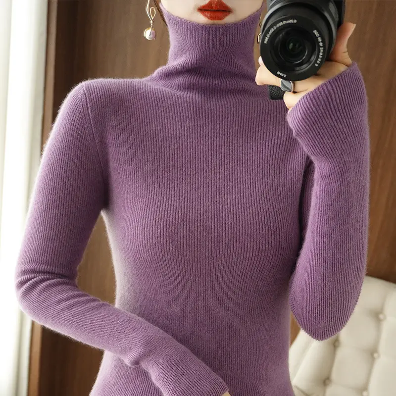 Women Turtleneck Sweater Ribbed Knit Autumn Winter Slim Fit - Image 17