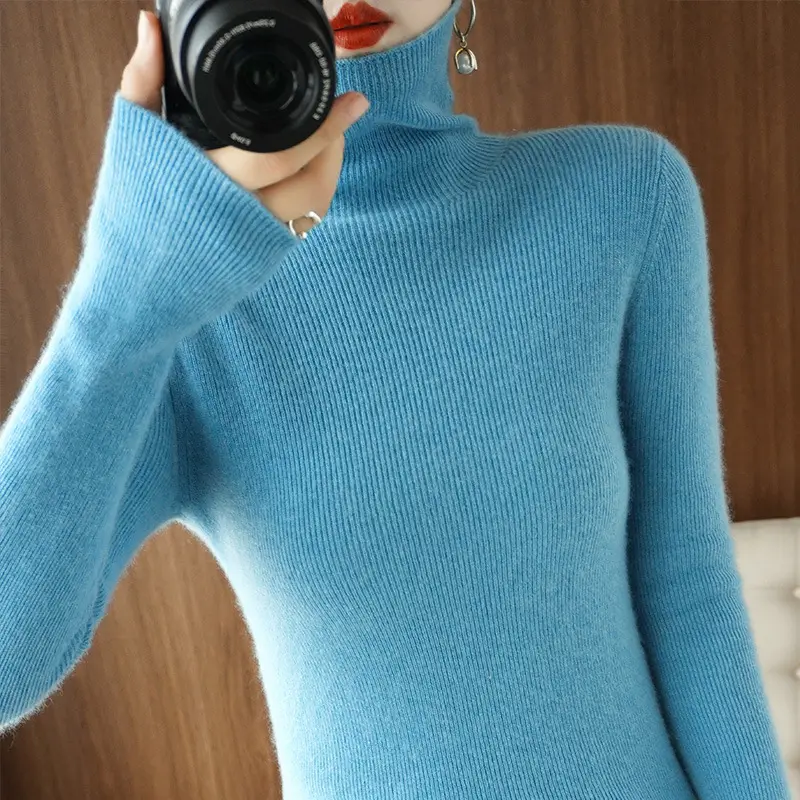 Women Turtleneck Sweater Ribbed Knit Autumn Winter Slim Fit - Image 20