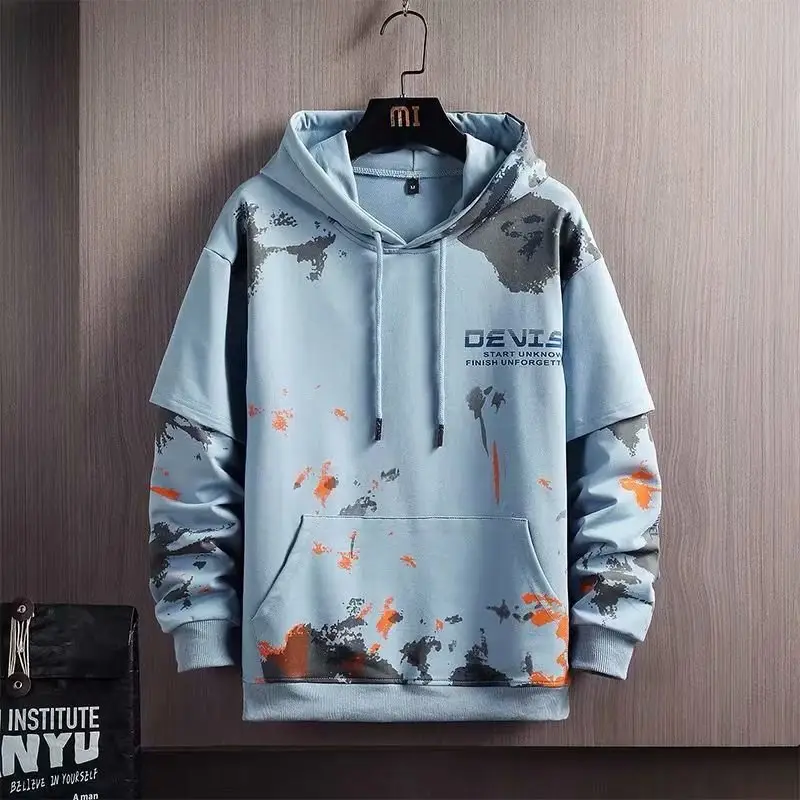 Men Graffiti Hoodie Long Sleeve Cotton Beige Orange - Image 9