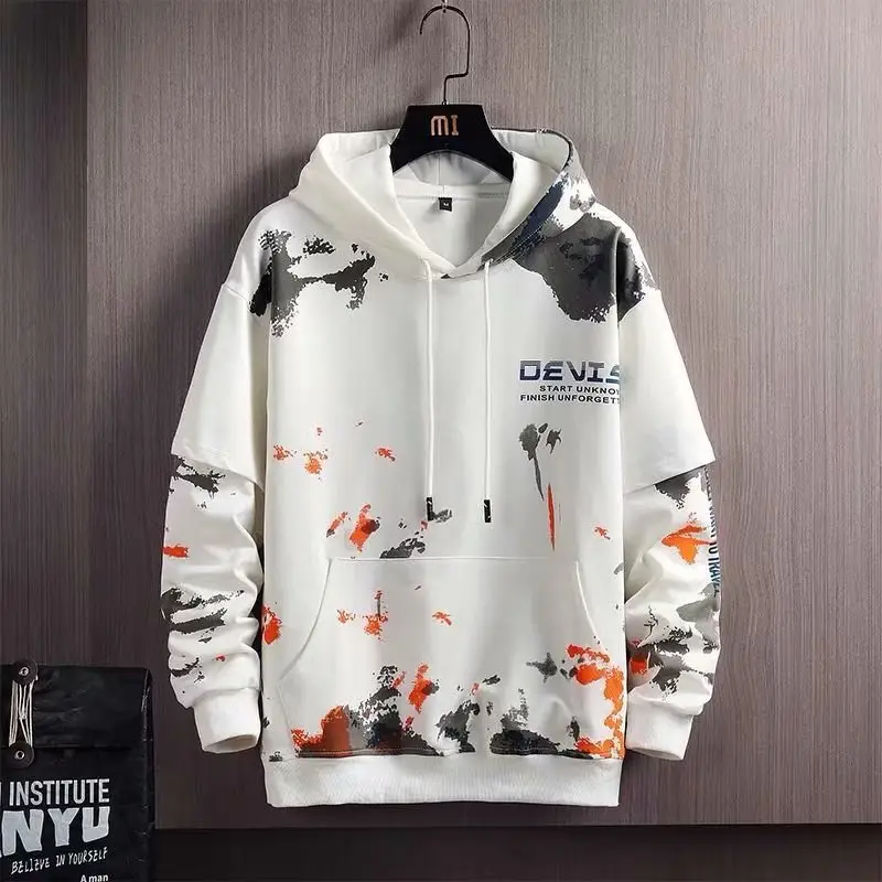 Men Graffiti Hoodie Long Sleeve Cotton Beige Orange - Image 5