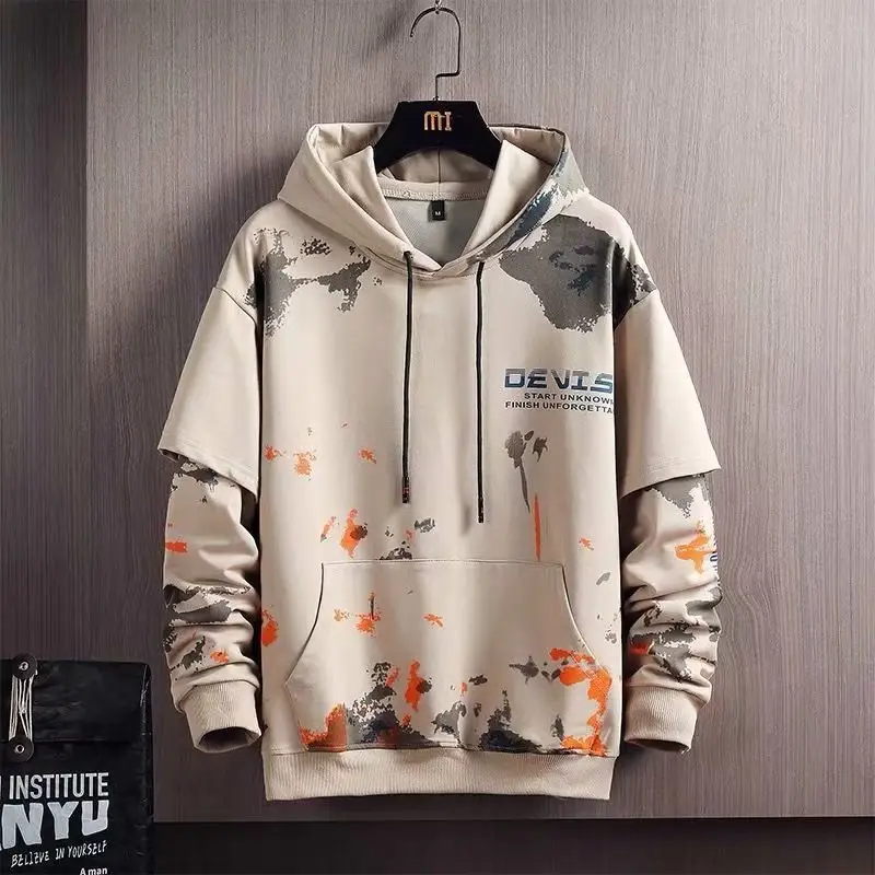 Men Graffiti Hoodie Long Sleeve Cotton Beige Orange - Image 6
