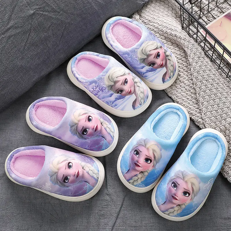 Frozen Children's Autumn and Winter Girls' Cotton Slippers Medium and Large Children's Elsa Princess Warm Anti-Slip Home Baby Hair Slippers