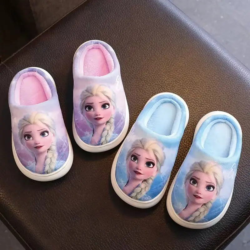 Frozen Children's Autumn and Winter Girls' Cotton Slippers Medium and Large Children's Elsa Princess Warm Anti-Slip Home Baby Hair Slippers