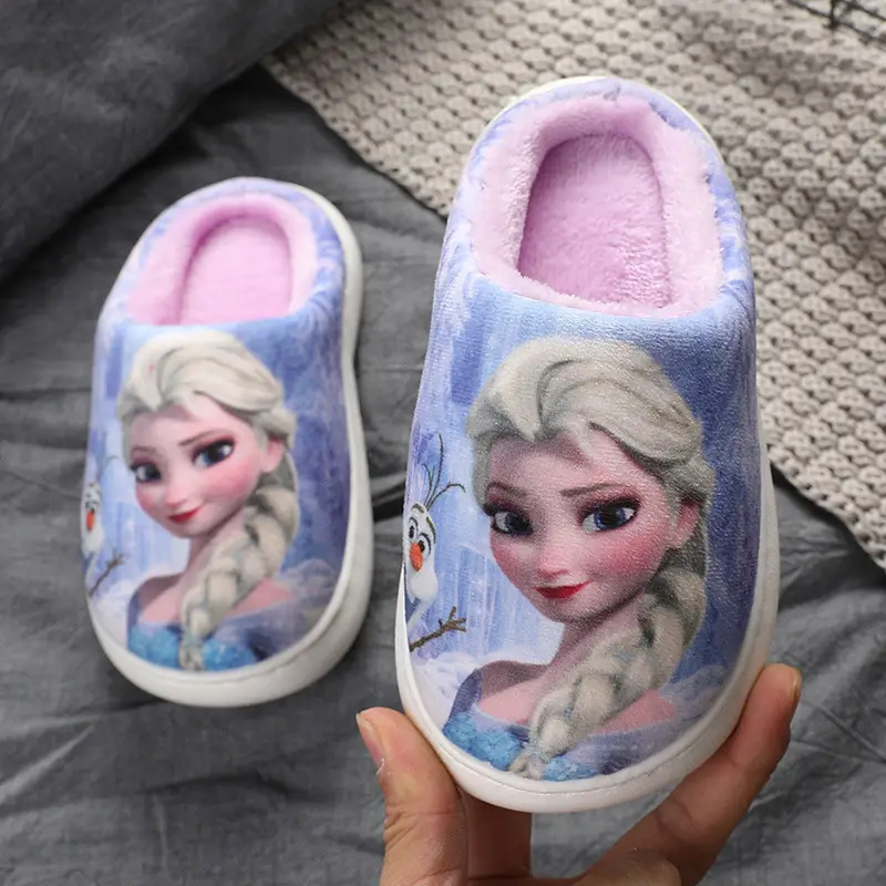 Frozen Children's Autumn and Winter Girls' Cotton Slippers Medium and Large Children's Elsa Princess Warm Anti-Slip Home Baby Hair Slippers
