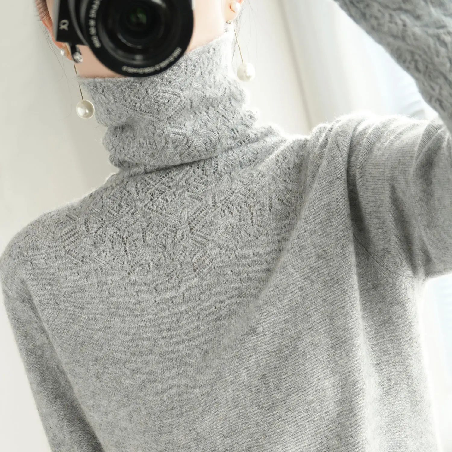 Women Hollow Out Sweater Purple High Neck Casual - Image 8