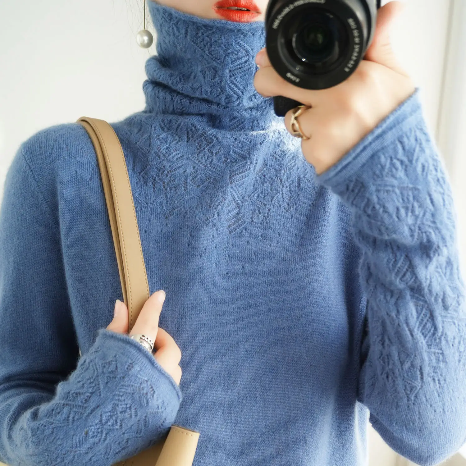 Women Hollow Out Sweater Purple High Neck Casual - Image 9