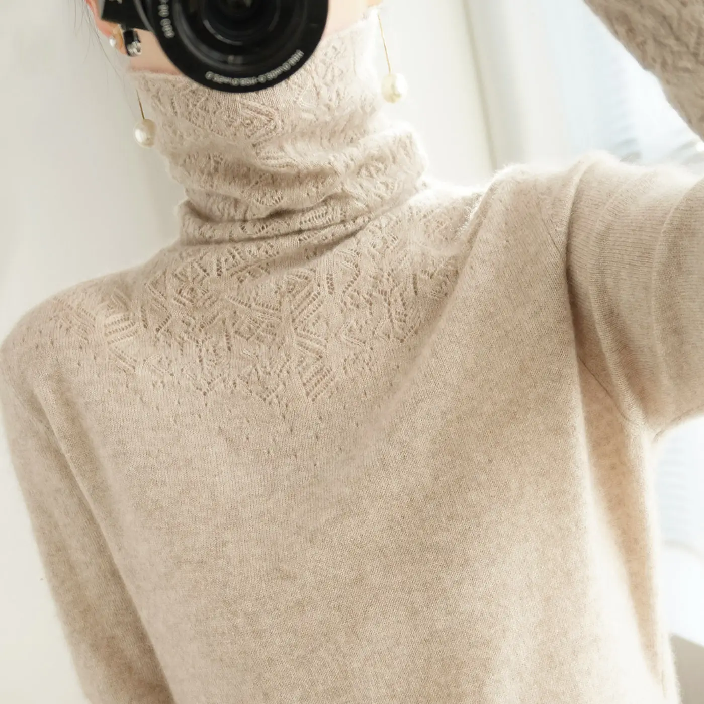 Women Hollow Out Sweater Purple High Neck Casual - Image 10