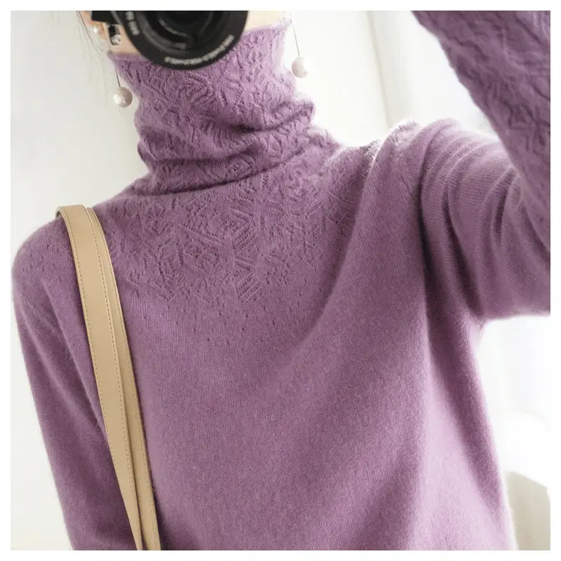 Women Hollow Out Sweater Purple High Neck Casual - Image 2