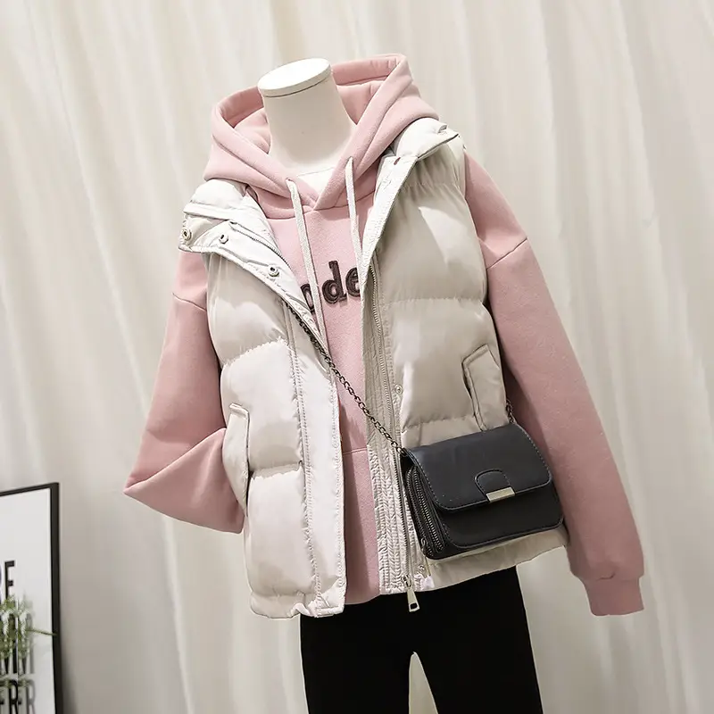 Women Pink Hooded Puffer Vest Coat Autumn Winter