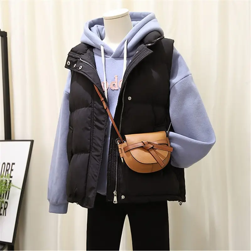Women Pink Hooded Puffer Vest Coat Autumn Winter