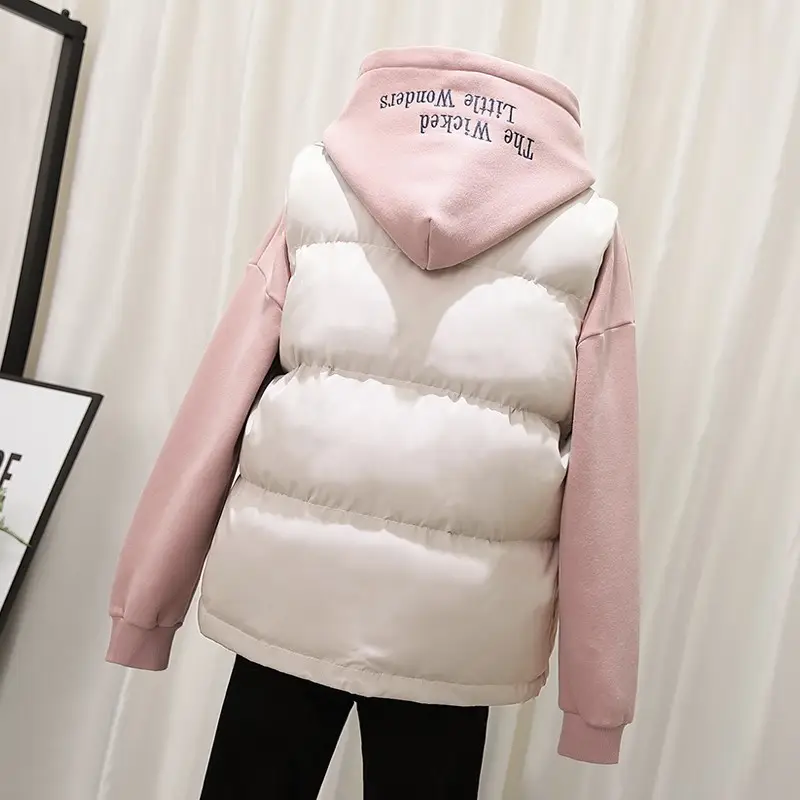 Women Pink Hooded Puffer Vest Coat Autumn Winter